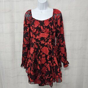 Charmed Hearts Romper Red Black Floral Flocked Ruffle Goth Grunge M
